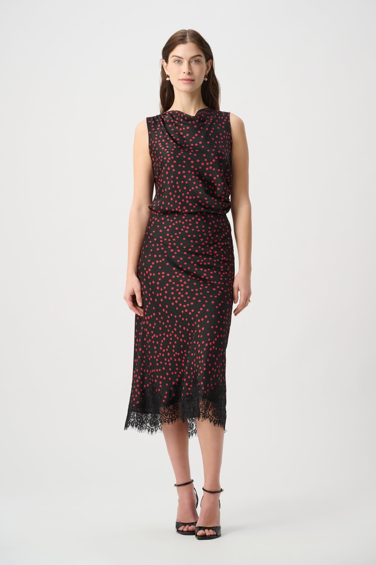 Joseph Ribkoff | Polka Dot Lace-Trim Midi Skirt - Black/Cherry 264118
