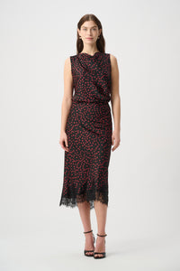 Joseph Ribkoff | Polka Dot Lace-Trim Midi Skirt - Black/Cherry 264118