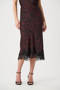 Joseph Ribkoff | Polka Dot Lace-Trim Midi Skirt - Black/Cherry 264118