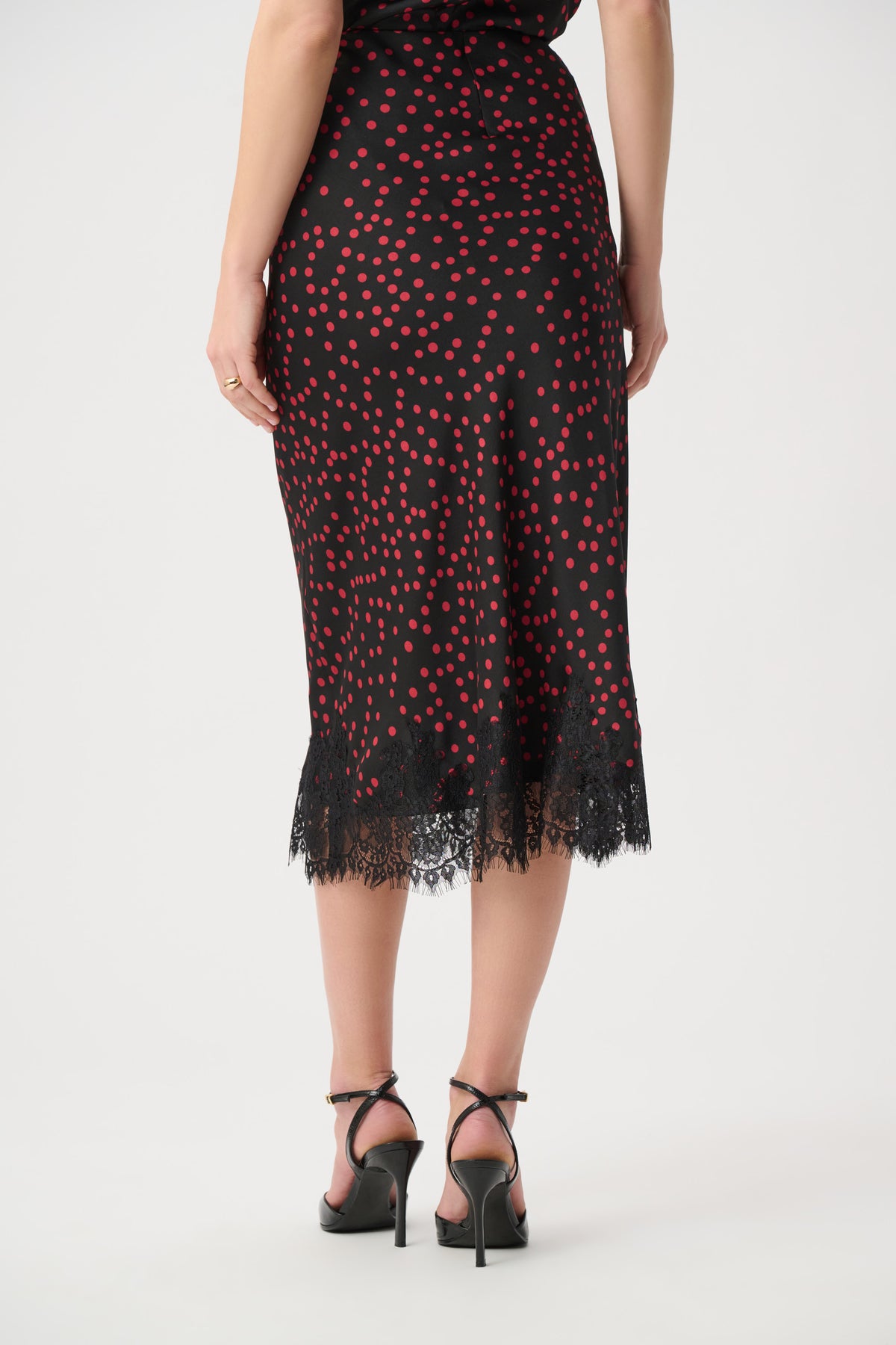 Joseph Ribkoff | Polka Dot Lace-Trim Midi Skirt - Black/Cherry 264118
