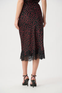 Joseph Ribkoff | Polka Dot Lace-Trim Midi Skirt - Black/Cherry 264118