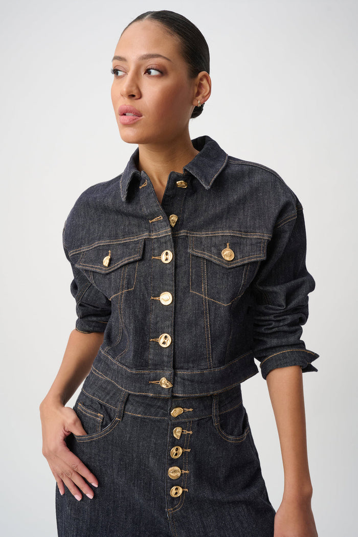 Joseph Ribkoff Statement Button Cropped Denim Jacket in Dark Denim Blue