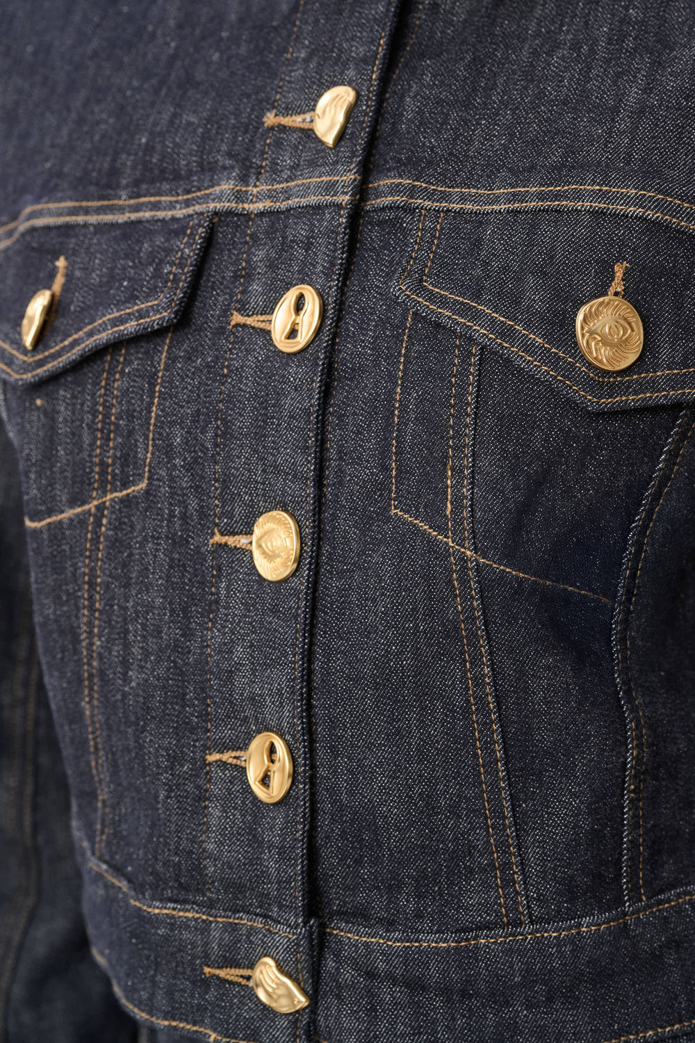 Joseph Ribkoff Statement Button Cropped Denim Jacket in Dark Denim Blue