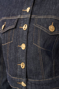 Joseph Ribkoff Statement Button Cropped Denim Jacket in Dark Denim Blue