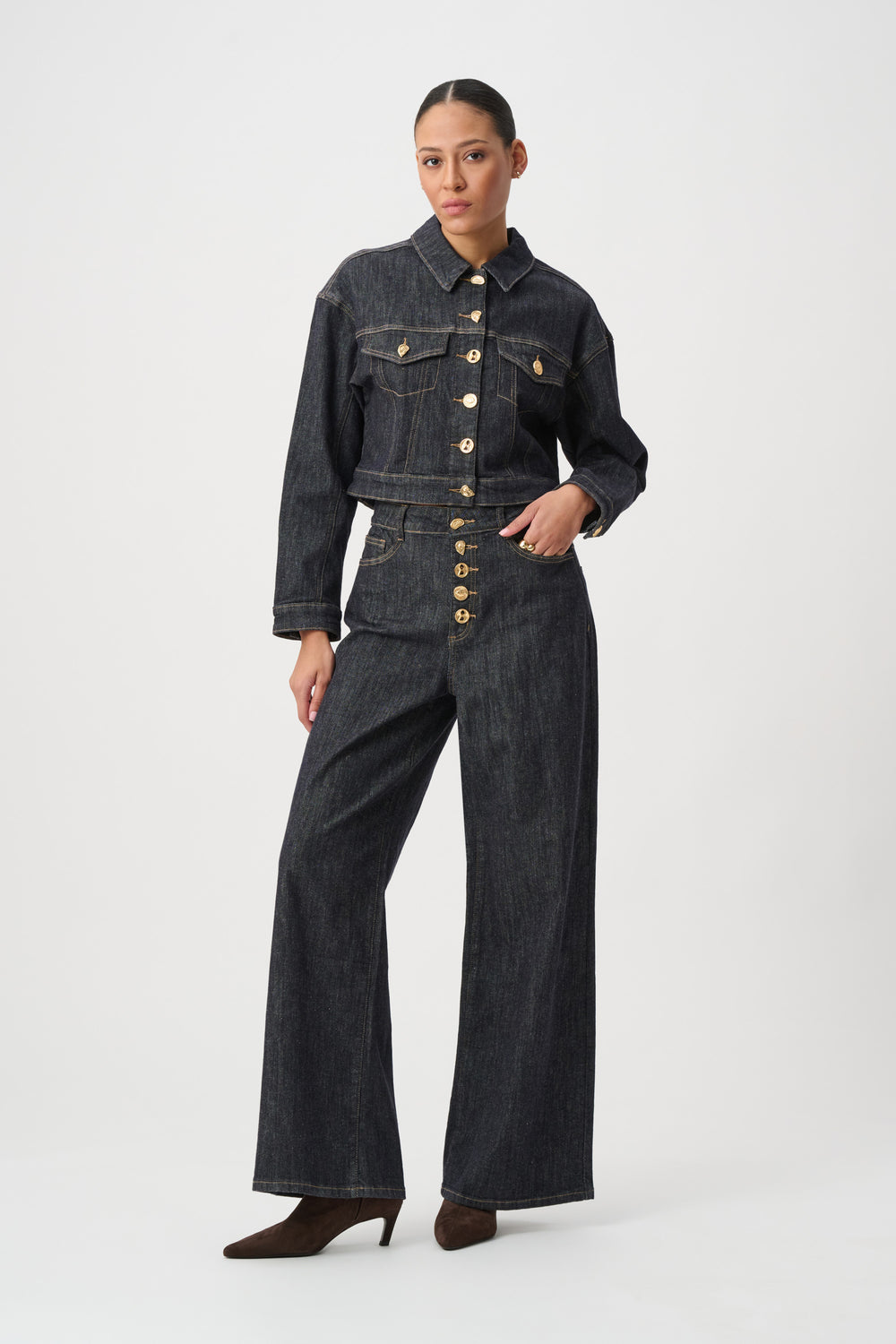 Joseph Ribkoff Statement Button Cropped Denim Jacket in Dark Denim Blue