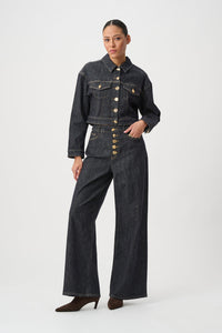 Joseph Ribkoff Statement Button Cropped Denim Jacket in Dark Denim Blue