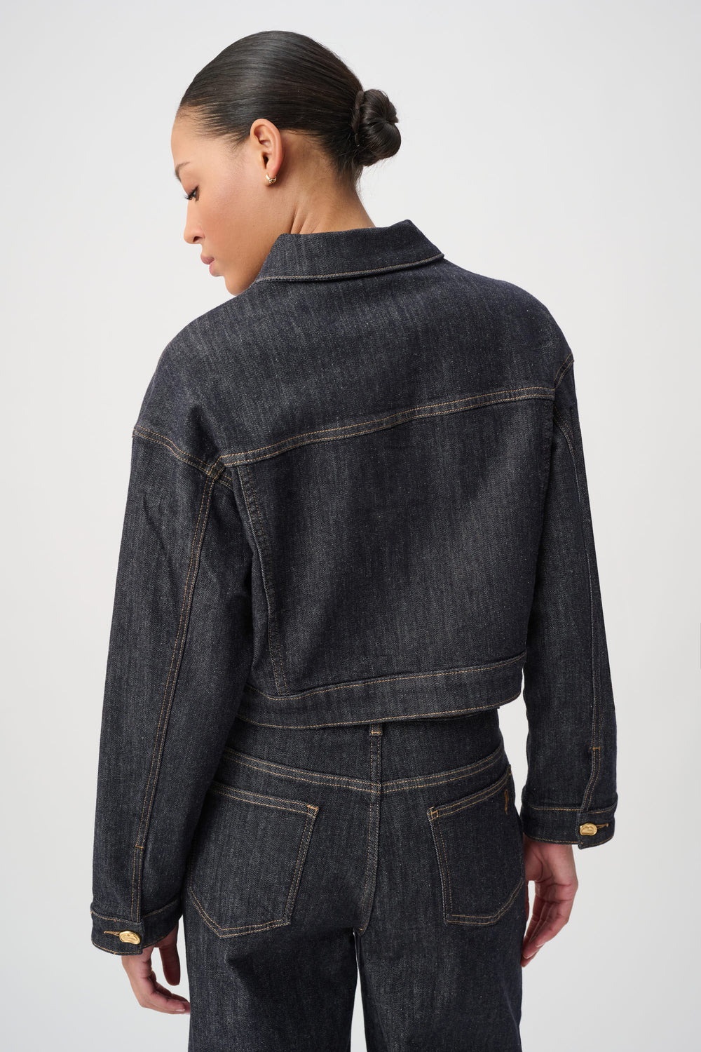 Joseph Ribkoff Statement Button Cropped Denim Jacket in Dark Denim Blue