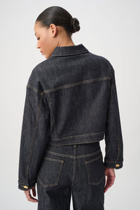 Joseph Ribkoff Statement Button Cropped Denim Jacket in Dark Denim Blue