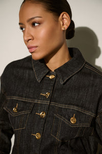 Joseph Ribkoff Statement Button Cropped Denim Jacket in Dark Denim Blue