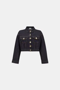 Joseph Ribkoff Statement Button Cropped Denim Jacket in Dark Denim Blue