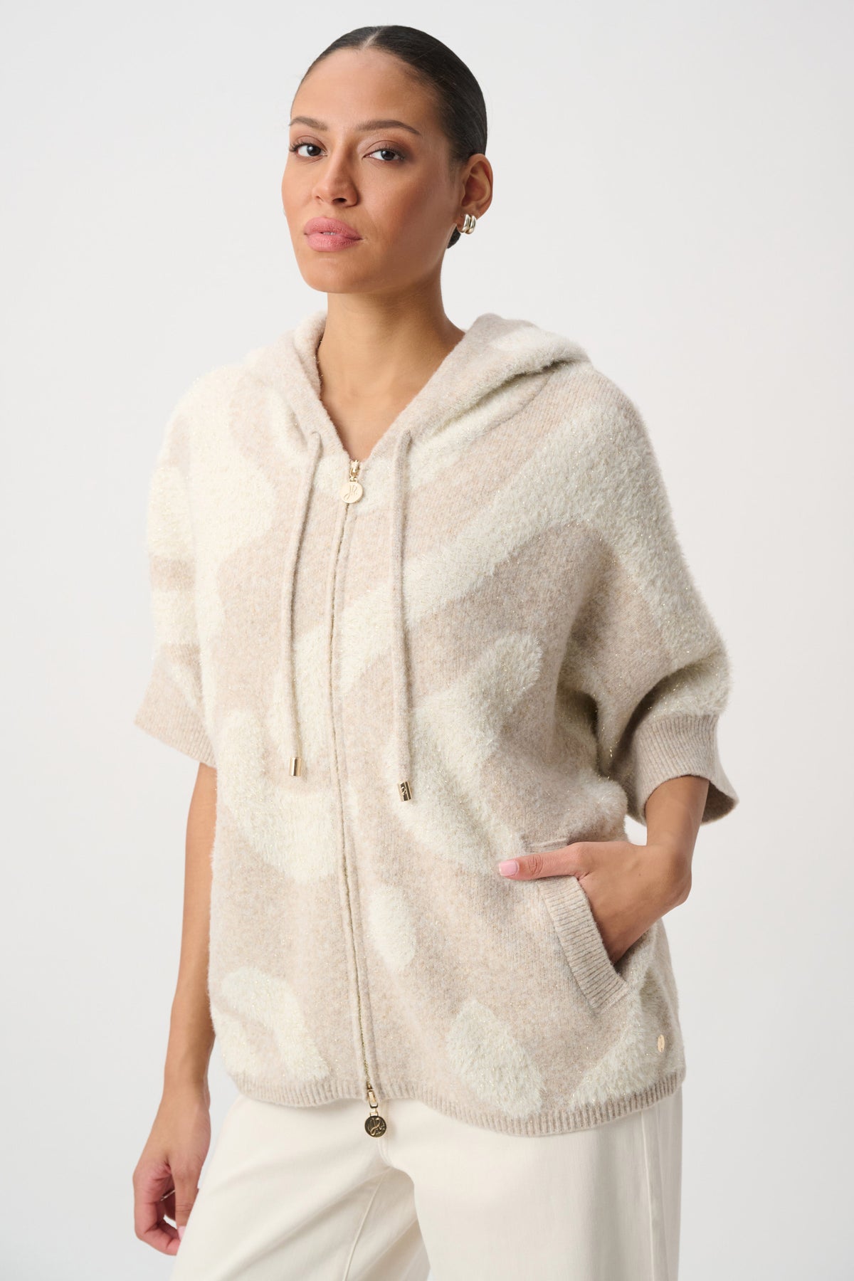 Joseph Ribkoff | Hooded Animal Print Sweater - Oatmeal Melange/Gold 264925