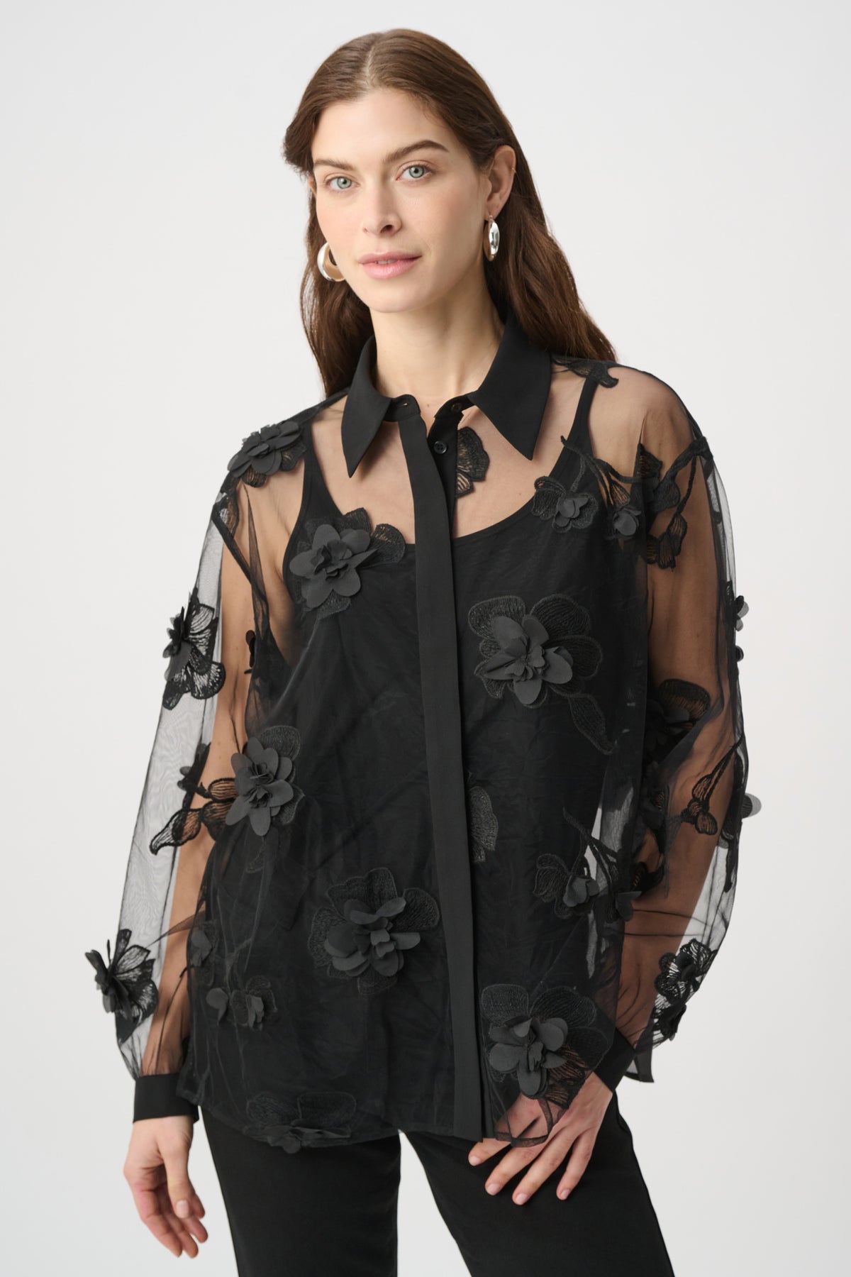 Joseph Ribkoff | Sheer Textured Flower Appliqué Blouse - Black 264945