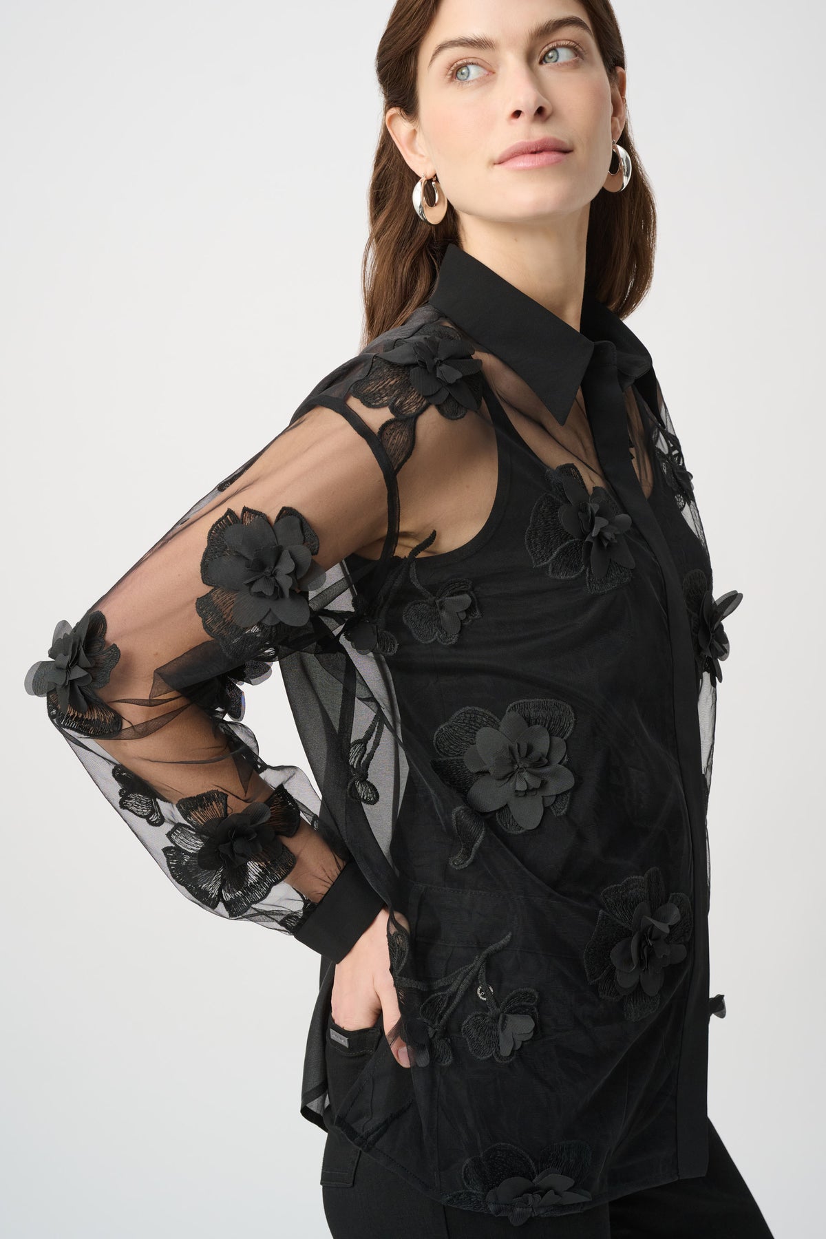 Joseph Ribkoff | Sheer Textured Flower Appliqué Blouse - Black 264945