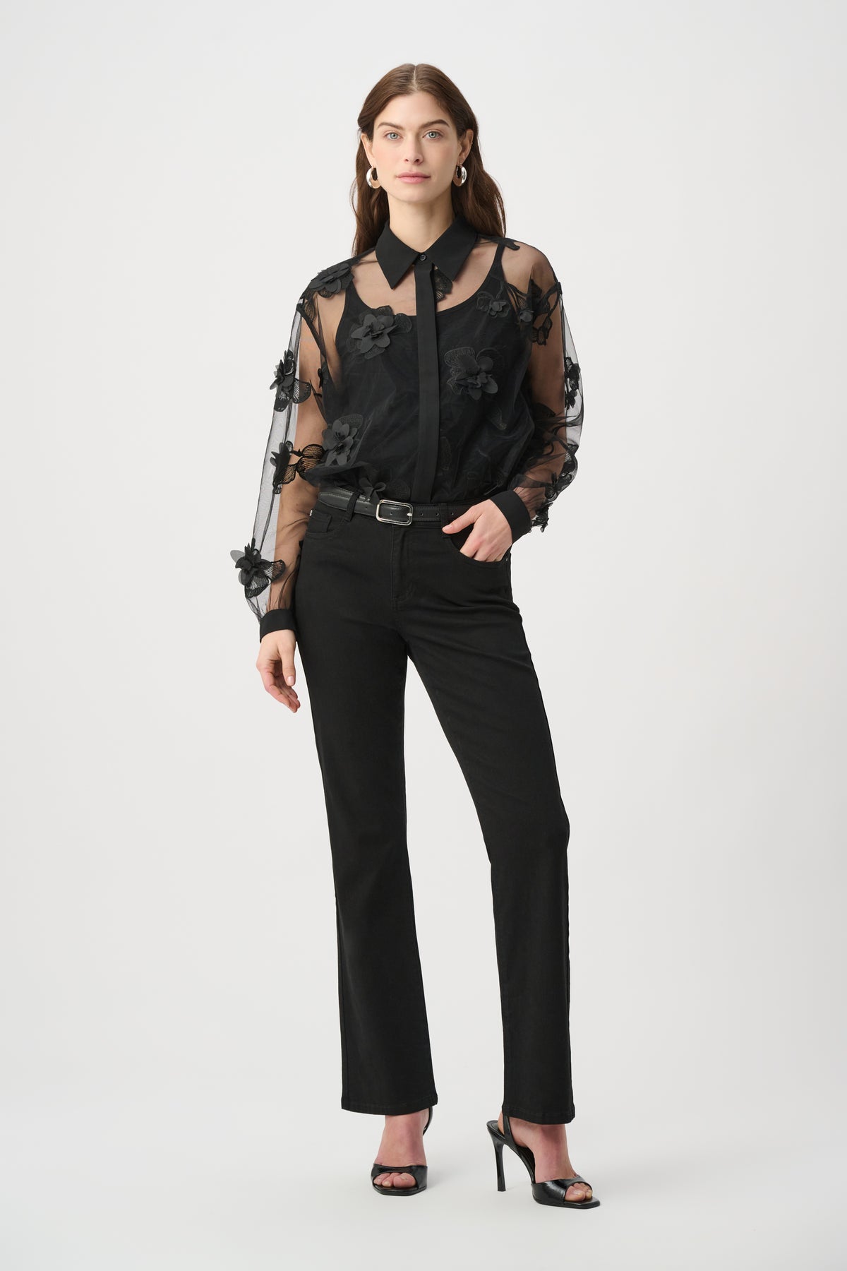 Joseph Ribkoff | Sheer Textured Flower Appliqué Blouse - Black 264945