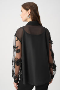 Joseph Ribkoff | Sheer Textured Flower Appliqué Blouse - Black 264945