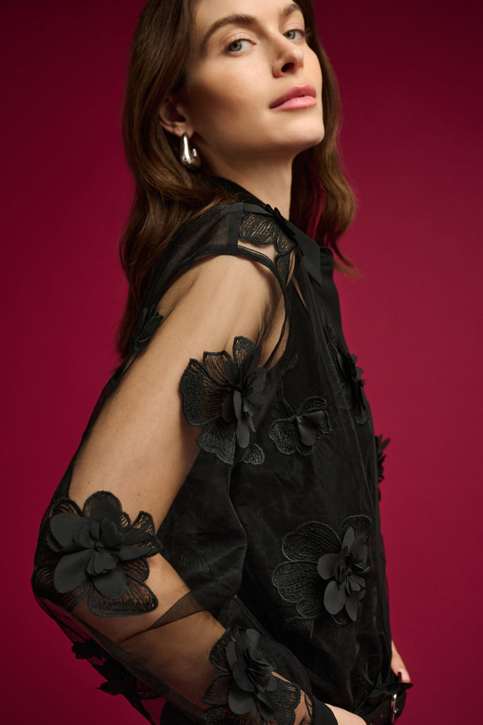 Joseph Ribkoff | Sheer Textured Flower Appliqué Blouse - Black 264945