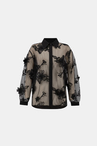 Joseph Ribkoff | Sheer Textured Flower Appliqué Blouse - Black 264945