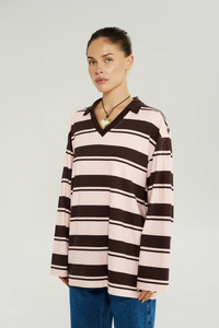 SUMMI SUMMI | LS POLO TOP - CHOC ROSE STRIPE