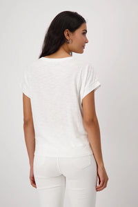 MONARI | T-SHIRT WITH SEQUIN PARROT - OFF WHITE 409149