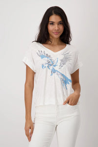 MONARI | T-SHIRT WITH SEQUIN PARROT - OFF WHITE 409149