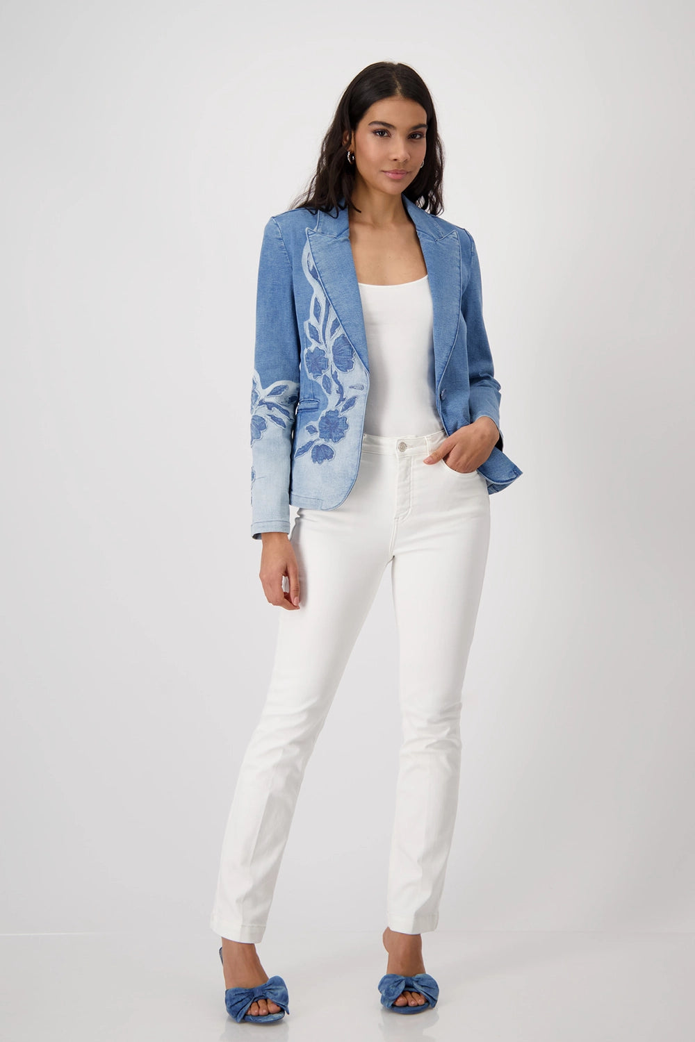 MONARI | DENIM BLAZER WITH FLORAL PATTERN - JEANS 409495