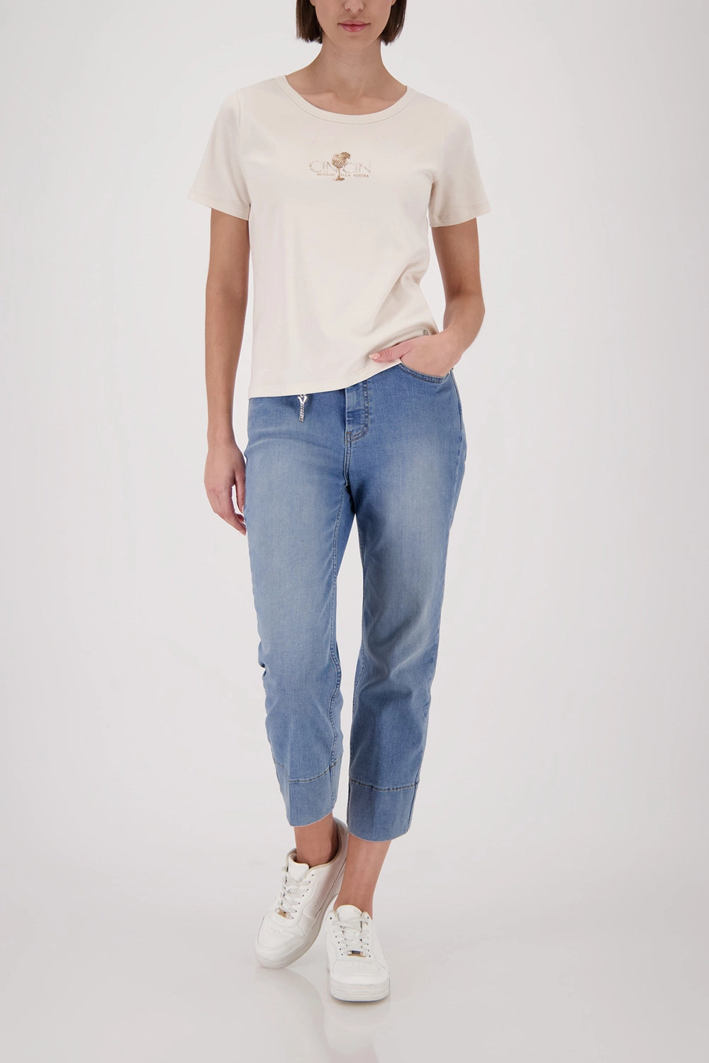 MONARI | T-SHIRT WITH RHINESTONES - CHAMPAGNE BEIGE 410081
