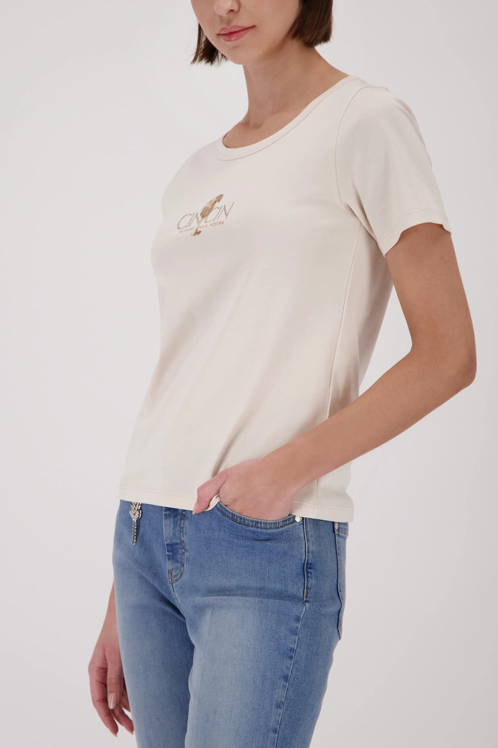 MONARI | T-SHIRT WITH RHINESTONES - CHAMPAGNE BEIGE 410081