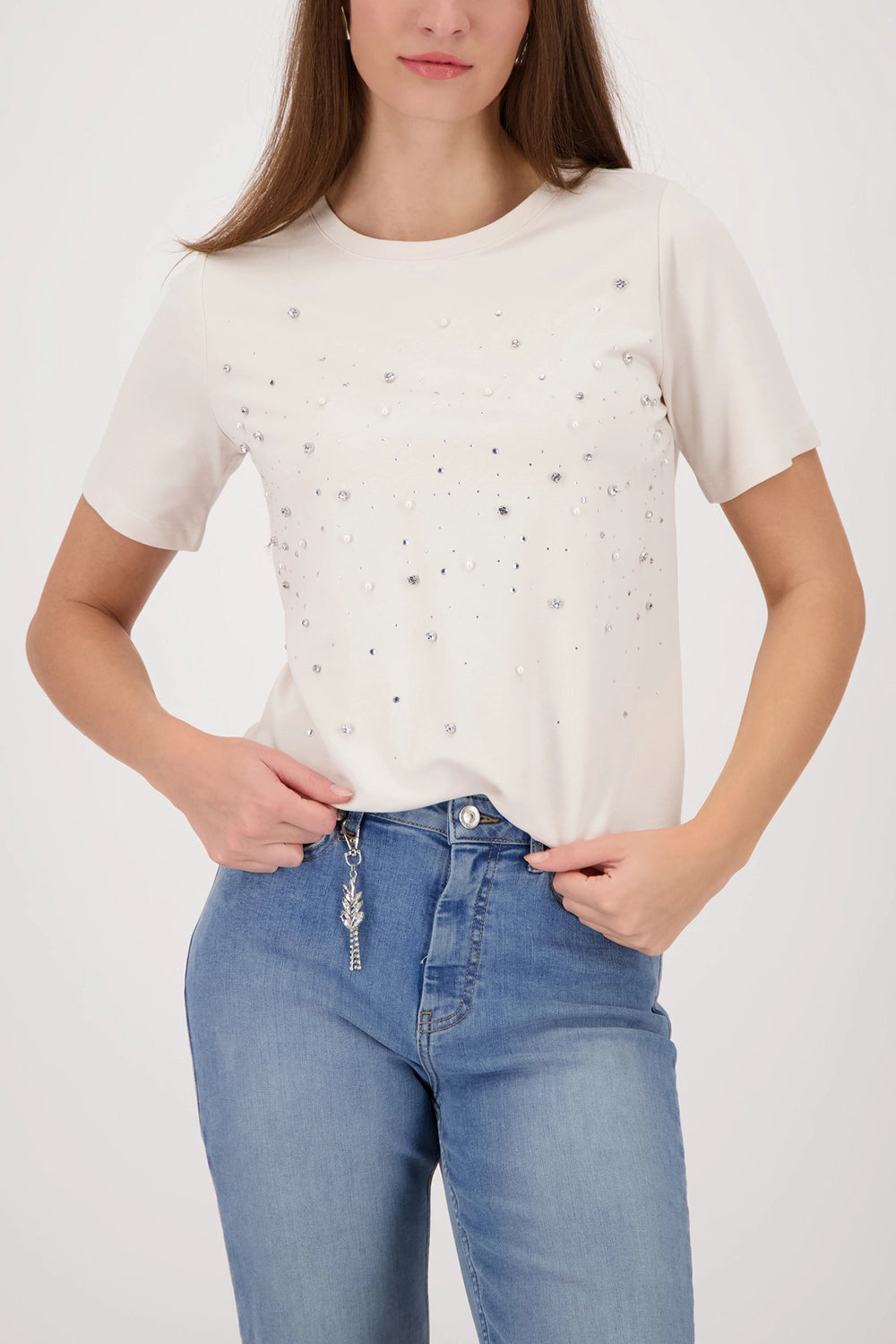 MONARI | T-SHIRT WITH RHINESTONE AND BEAD DETAILS - CHAMPAGNE BEIGE 410112