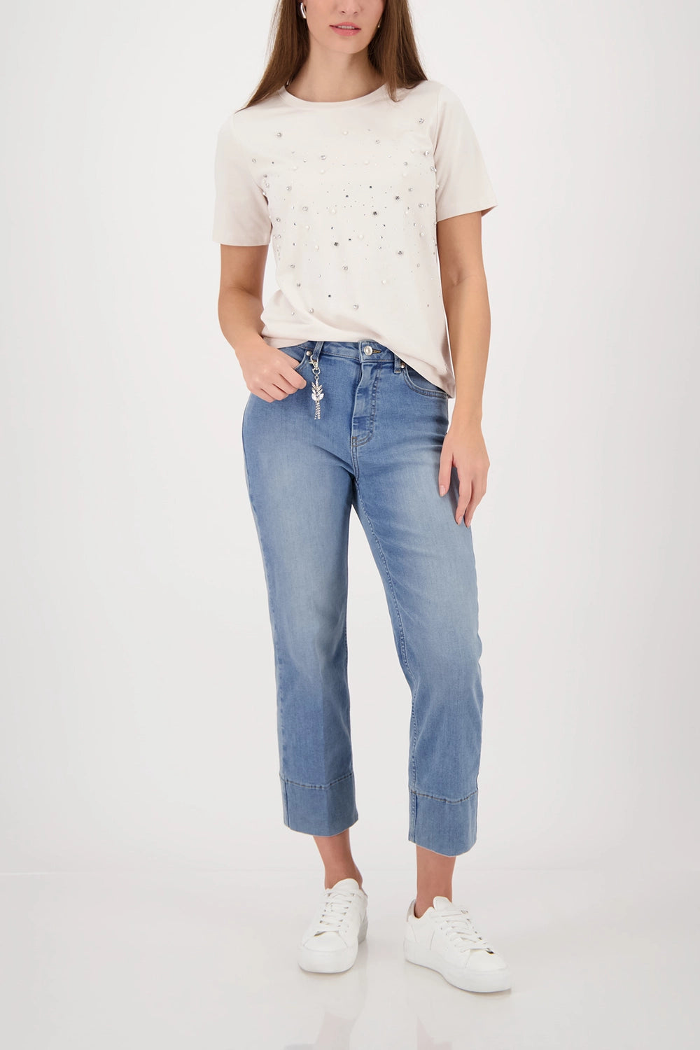MONARI | T-SHIRT WITH RHINESTONE AND BEAD DETAILS - CHAMPAGNE BEIGE 410112
