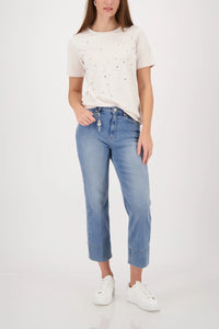 MONARI | T-SHIRT WITH RHINESTONE AND BEAD DETAILS - CHAMPAGNE BEIGE 410112