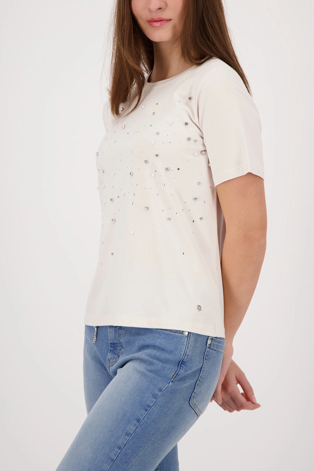 MONARI | T-SHIRT WITH RHINESTONE AND BEAD DETAILS - CHAMPAGNE BEIGE 410112