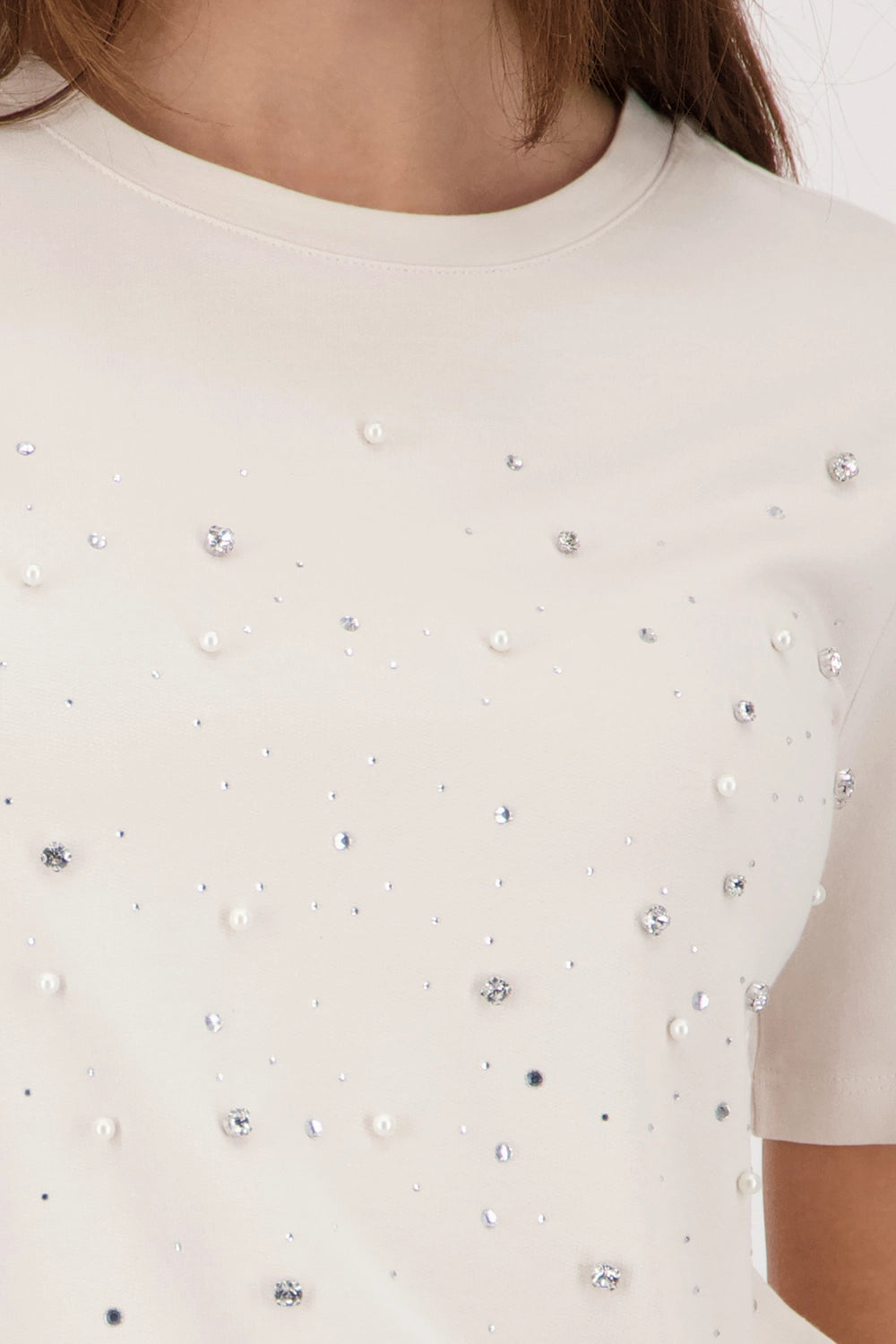 MONARI | T-SHIRT WITH RHINESTONE AND BEAD DETAILS - CHAMPAGNE BEIGE 410112