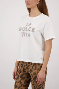 MONARI | T-SHIRT WITH DECORATIVE LETTERING - OFF-WHITE 410183