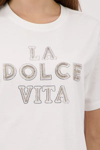 MONARI | T-SHIRT WITH DECORATIVE LETTERING - OFF-WHITE 410183
