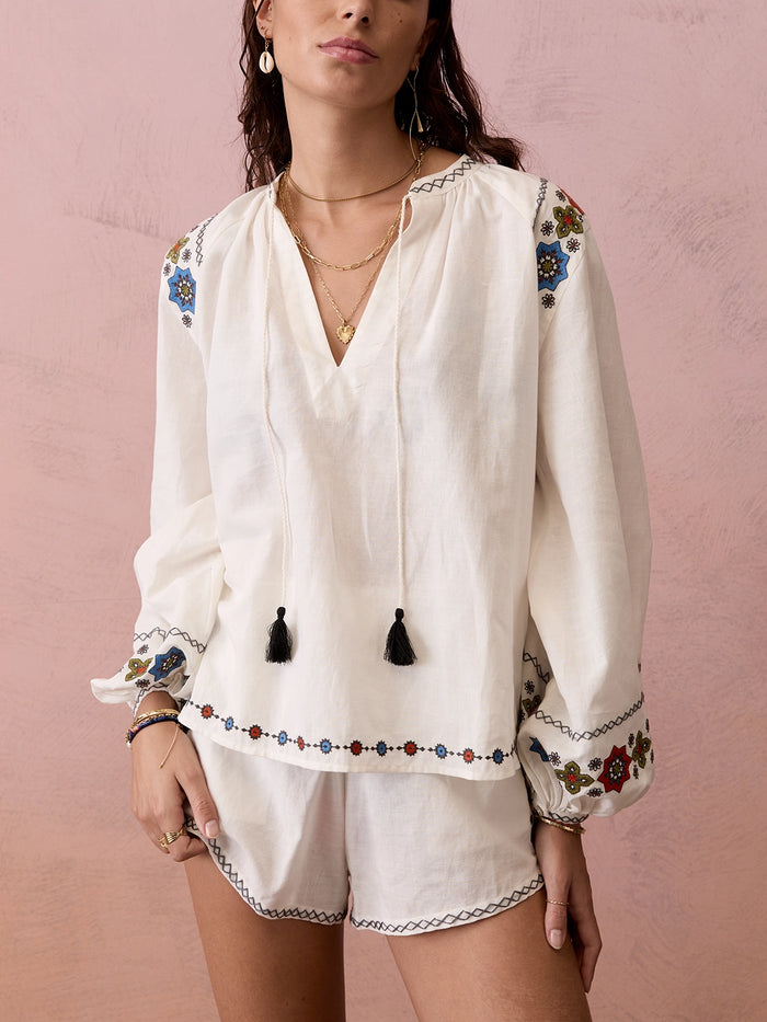 Boteh | Castela Embroidered Smock Blouse - Natural White