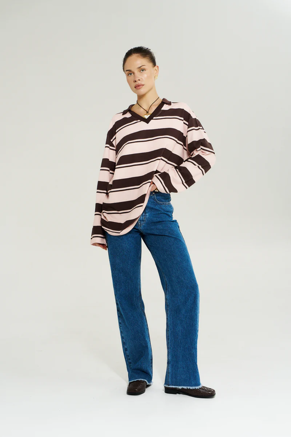 SUMMI SUMMI | LS POLO TOP - CHOC ROSE STRIPE