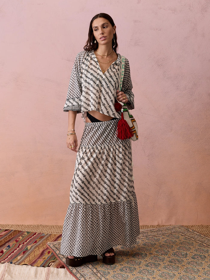 Boteh | Levante Embroidered Smock Blouse - Pebble Black