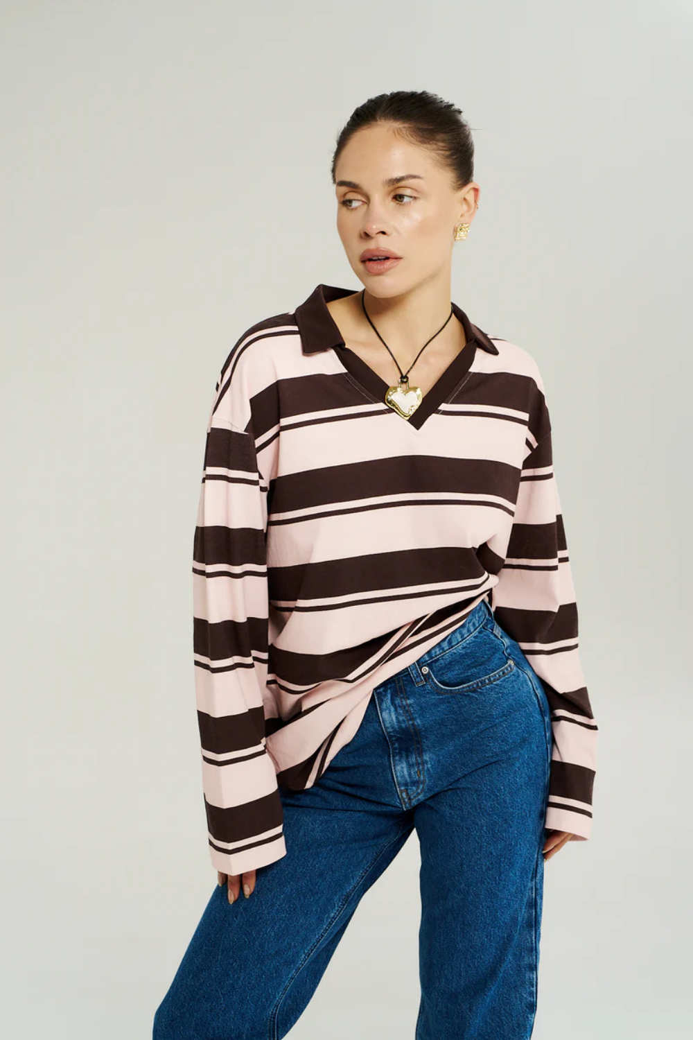 SUMMI SUMMI | LS POLO TOP - CHOC ROSE STRIPE