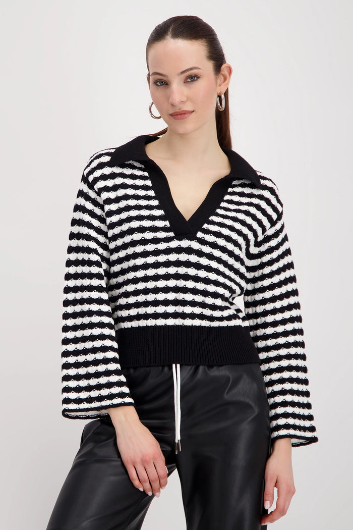 MONARI | POLO SWEATER WITH STRUCTURED STRIPES - BLACK STRIPE 808919