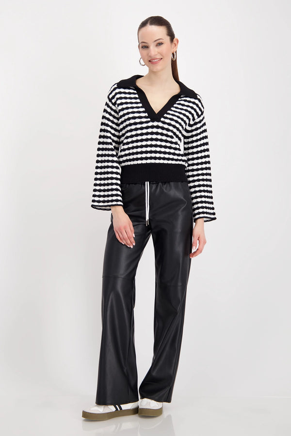 MONARI | POLO SWEATER WITH STRUCTURED STRIPES - BLACK STRIPE 808919