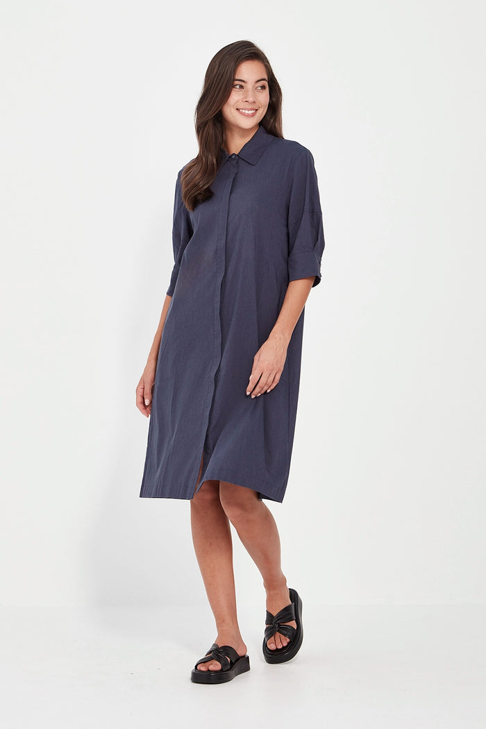 VERGE Acrobat Nori Dress in Denim Marle with collared neckline, button-through front and lantern sleeves, relaxed women’s dress at Hollie Rose.
