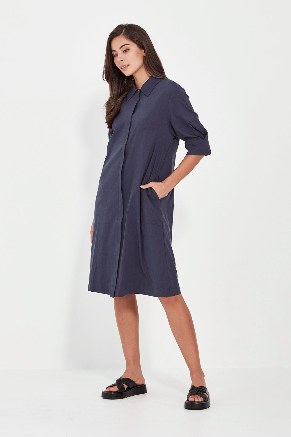 VERGE Acrobat Nori Dress in Denim Marle with collared neckline, button-through front and lantern sleeves, relaxed women’s dress at Hollie Rose.
