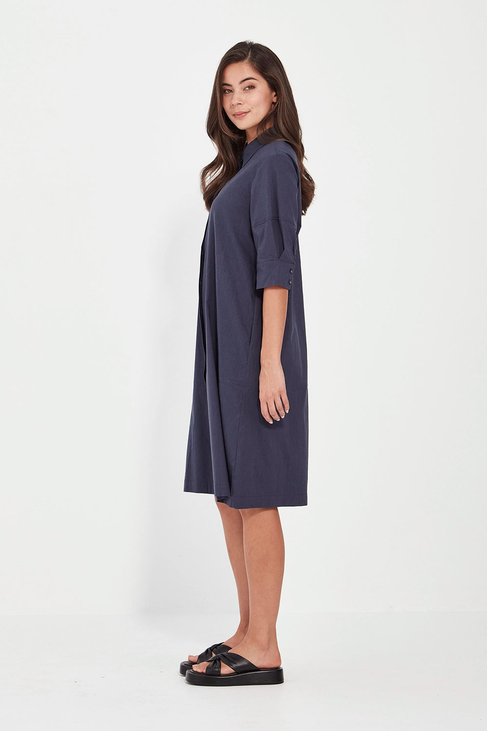 VERGE Acrobat Nori Dress in Denim Marle with collared neckline, button-through front and lantern sleeves, relaxed women’s dress at Hollie Rose.

