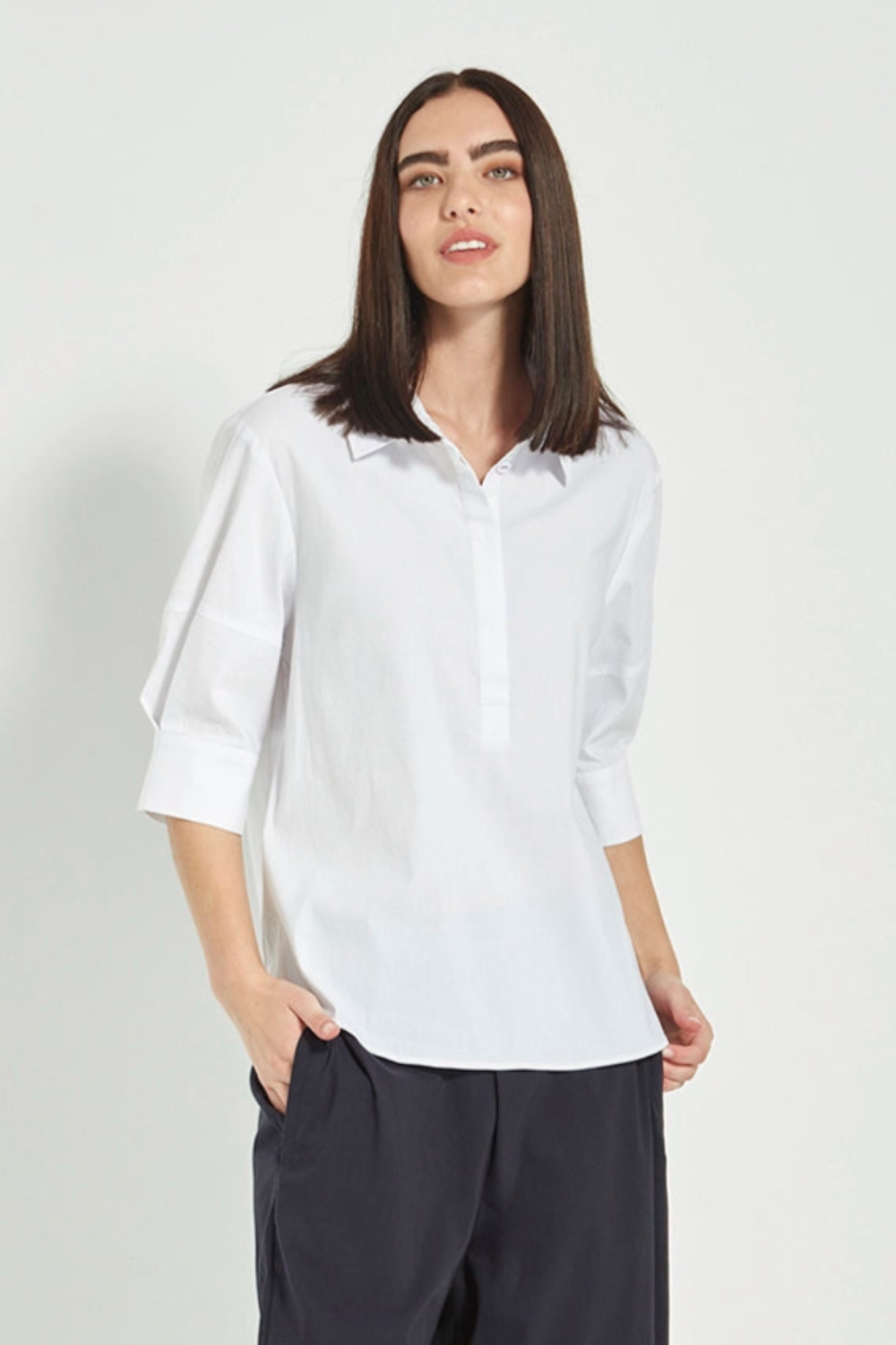 VERGE Acrobat Nori Top in White with collared neckline, half placket and lantern sleeves, feminine women’s top available at Hollie Rose.