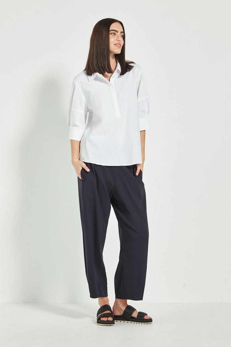 VERGE Acrobat Nori Top in White with collared neckline, half placket and lantern sleeves, feminine women’s top available at Hollie Rose.
