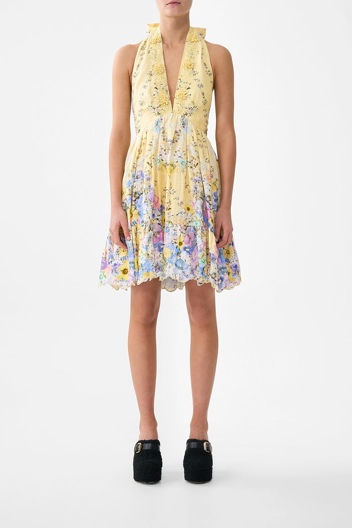 CAMILLA | DARLING BUDS RUFFLE HEM HALTER SHORT DRESS