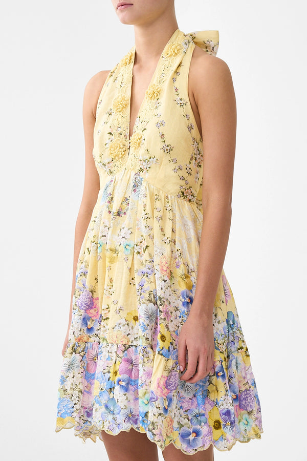 CAMILLA | DARLING BUDS RUFFLE HEM HALTER SHORT DRESS