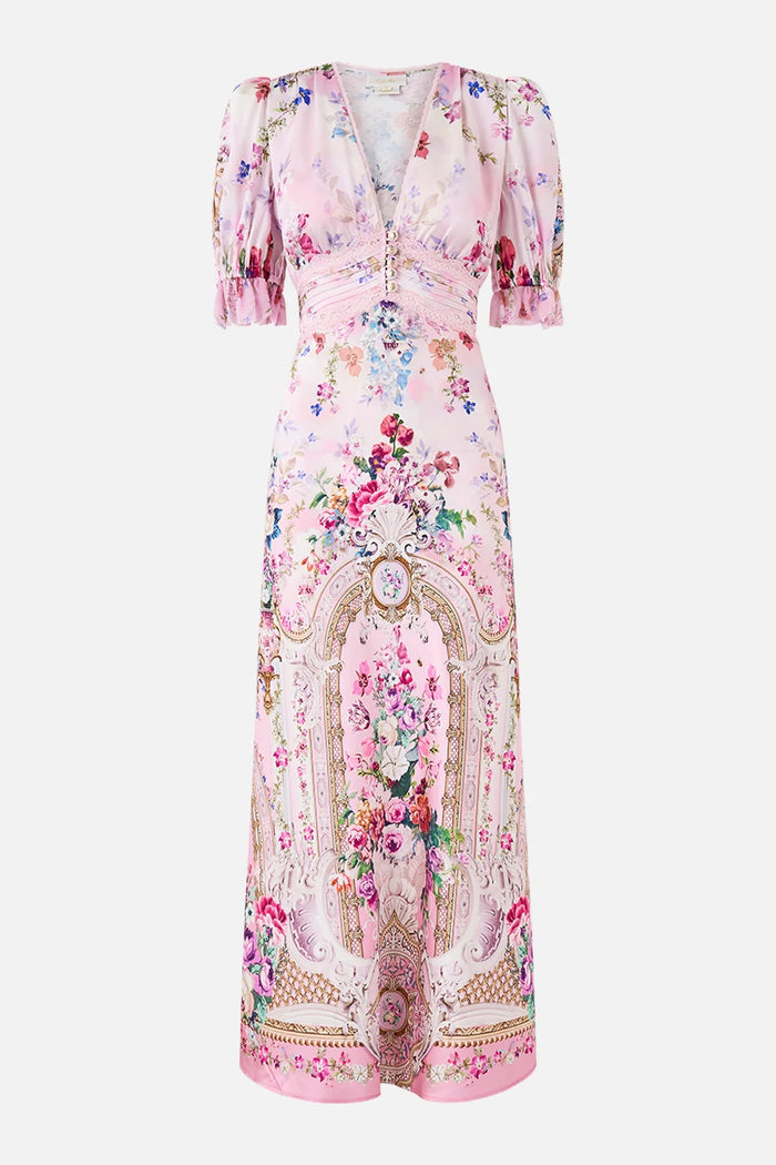 CAMILLA | PALATIAL PASTELS BIAS CUT MIDI DRESS WITH LACE INSERT