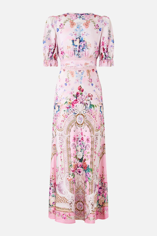 CAMILLA | PALATIAL PASTELS BIAS CUT MIDI DRESS WITH LACE INSERT