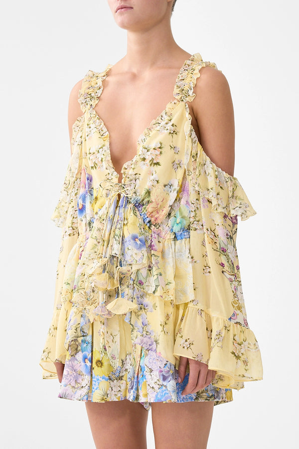 CAMILLA | DARLING BUDS COLD SHOULDER RUFFLE TOP